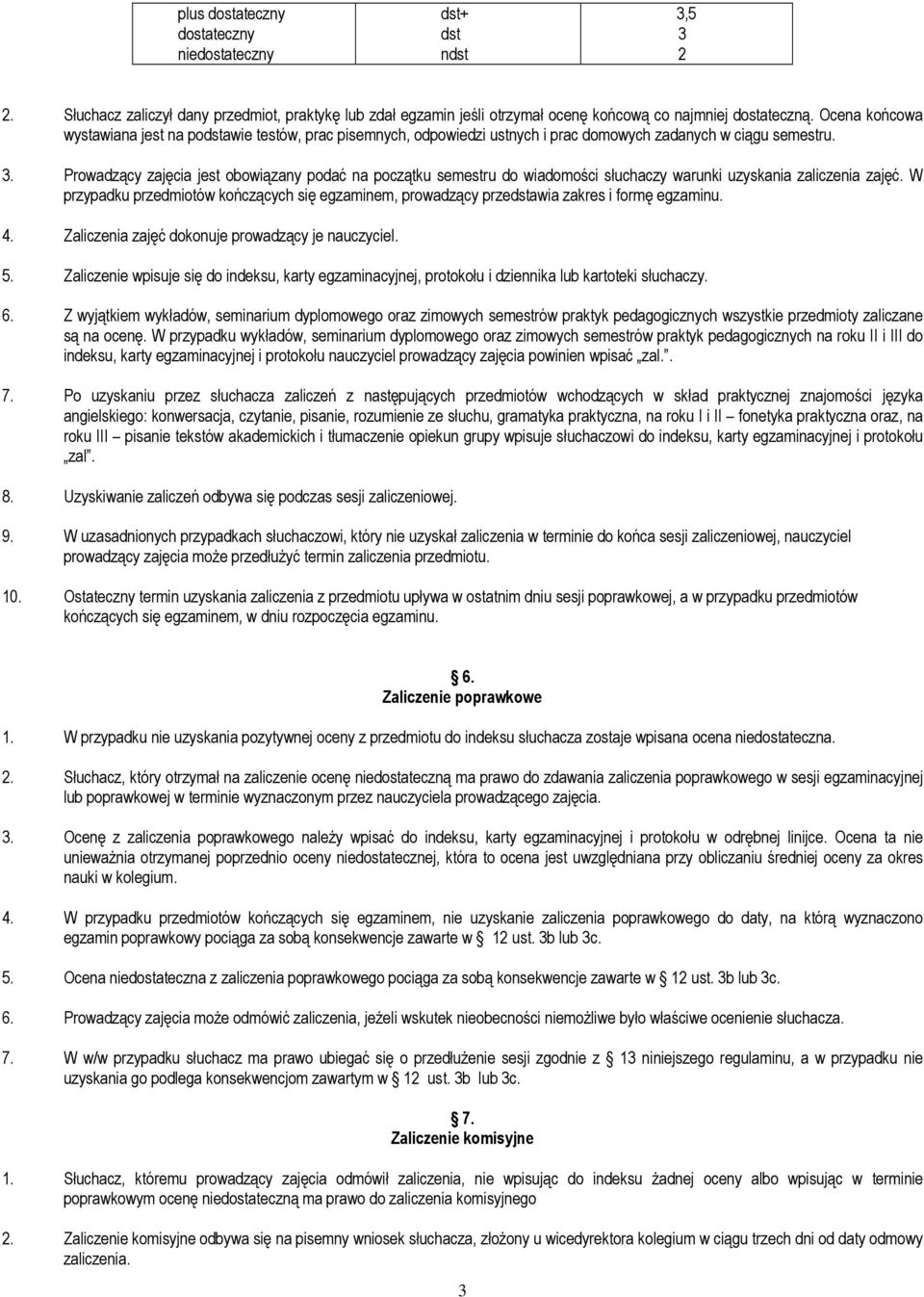 Prowadzący zajęcia jest obowiązany podać na początku semestru do wiadomości słuchaczy warunki uzyskania zaliczenia zajęć.