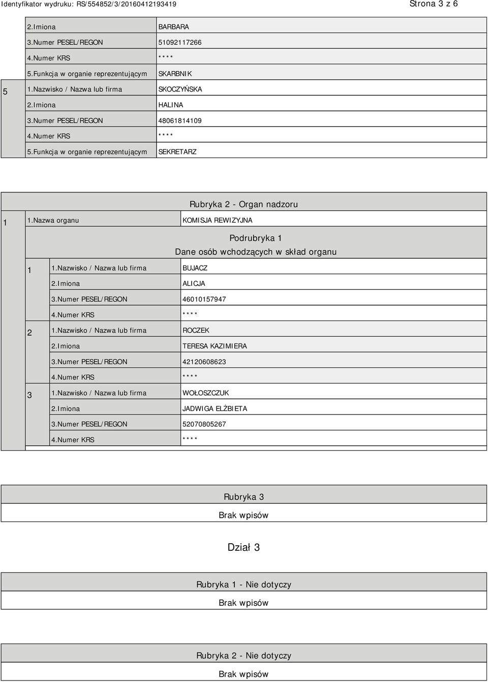 Nazwa organu KOMISJA REWIZYJNA Podrubryka 1 Dane osób wchodzących w skład organu 1 1.Nazwisko / Nazwa lub firma BUJACZ ALICJA 3.