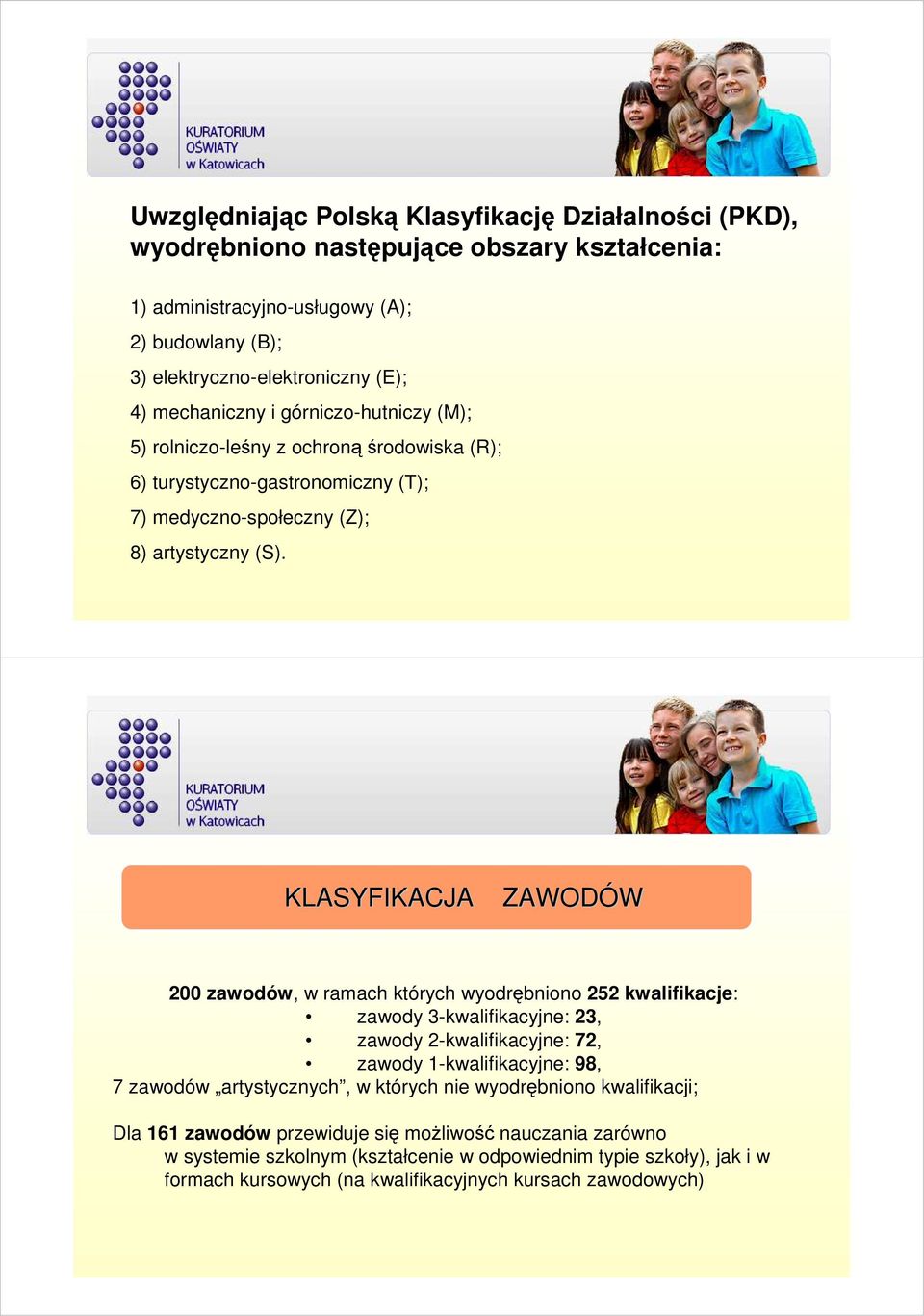 KLASYFIKACJA ZAWODÓW 200 zawodów, w ramach których wyodrębniono 252 kwalifikacje: zawody 3-kwalifikacyjne: 23, zawody 2-kwalifikacyjne: 72, zawody 1-kwalifikacyjne: 98, 7 zawodów artystycznych,