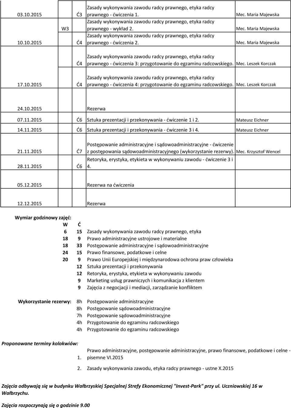 Mateusz Eichner 21.11.2015 28.11.2015 Ć7 Ć6 Postępowanie administracyjne i sądowoadministracyjne - ćwiczenie z postępowania sądowoadministracyjnego (wykorzystanie rezerwy).