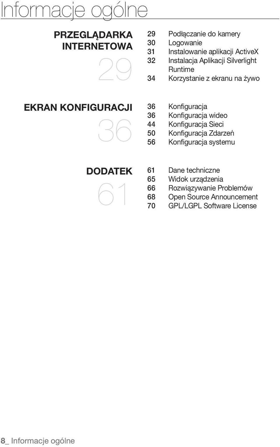 Konfiguracja wideo 44 Konfiguracja Sieci 50 Konfiguracja Zdarzeń 56 Konfiguracja systemu DODATEK 61 61 Dane techniczne