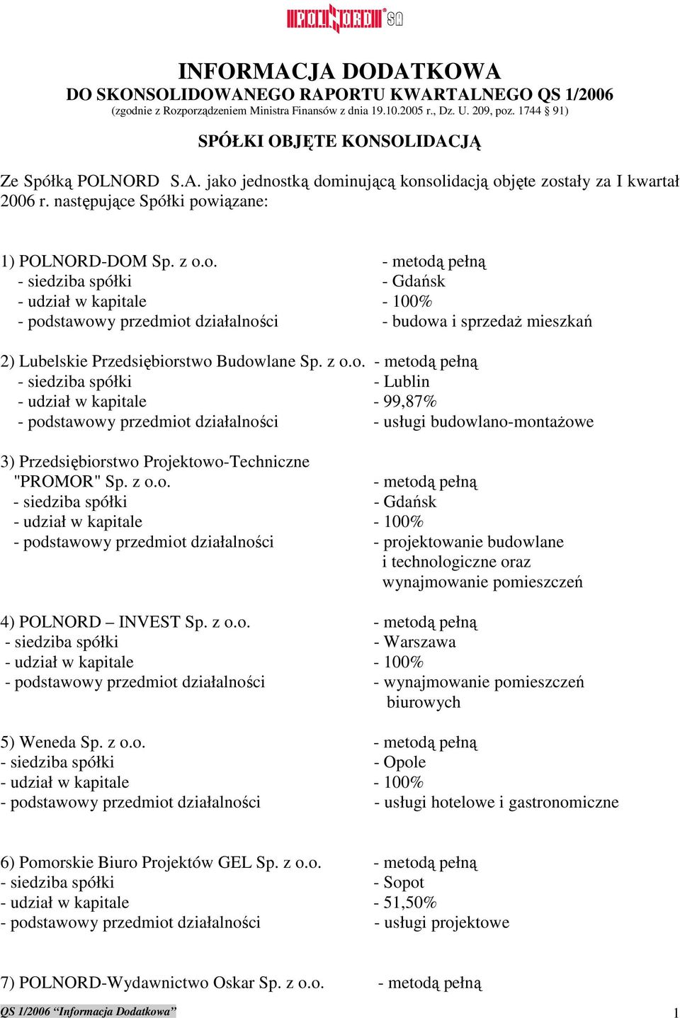 jednostką dominującą konsolidacją objęte zostały za I kwartał 2006 r. następujące Spółki powiązane: 1) POLNORD-DOM Sp. z o.o. - metodą pełną - siedziba spółki - Gdańsk - podstawowy przedmiot działalności - budowa i sprzedaŝ mieszkań 2) Lubelskie Przedsiębiorstwo Budowlane Sp.