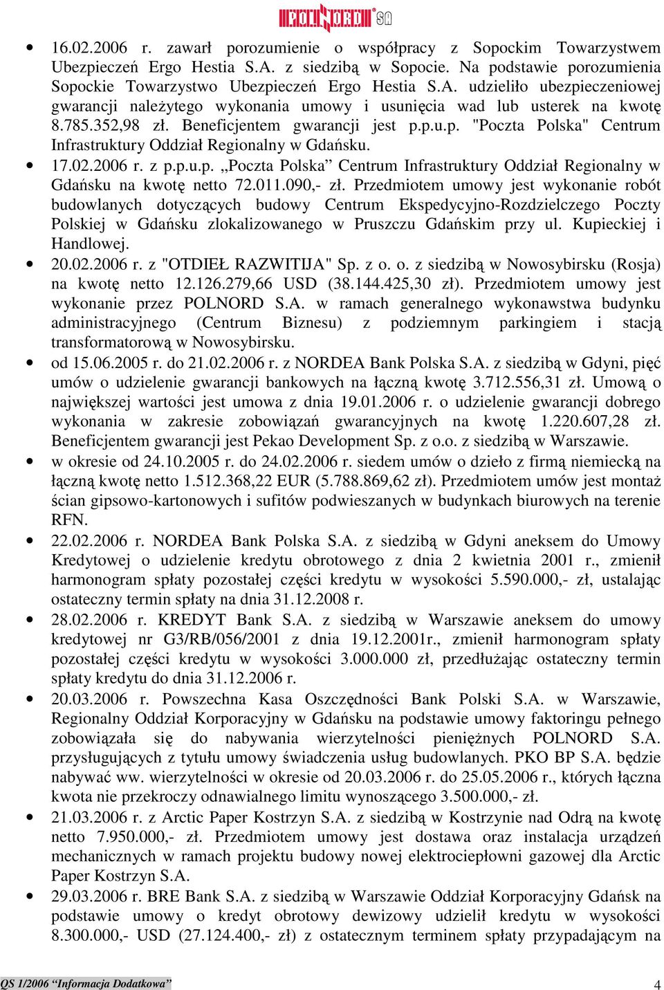 udzieliło ubezpieczeniowej gwarancji naleŝytego wykonania umowy i usunięcia wad lub usterek na kwotę 8.785.352,98 zł. Beneficjentem gwarancji jest p.p.u.p. "Poczta Polska" Centrum Infrastruktury Oddział Regionalny w Gdańsku.