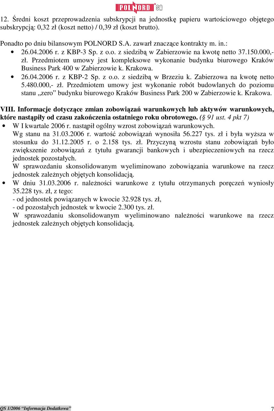 Przedmiotem umowy jest kompleksowe wykonanie budynku biurowego Kraków Business Park 400 w Zabierzowie k. Krakowa. 26.04.2006 r. z KBP-2 Sp. z o.o. z siedzibą w Brzeziu k. Zabierzowa na kwotę netto 5.