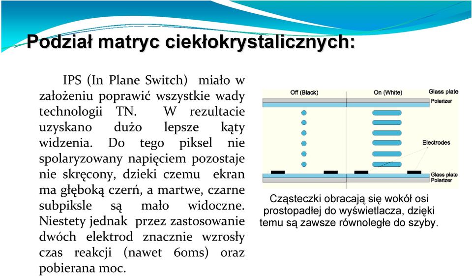 Do tego piksel nie spolaryzowany napięciem pozostaje nie skręcony, dzieki czemu ekran ma głęboką czerń, a martwe, czarne subpiksle są