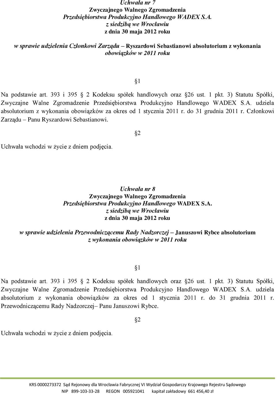 Uchwała nr 8 w sprawie udzielenia Przewodniczącemu Rady Nadzorczej Januszowi Rybce absolutorium z wykonania obowiązków w 2011 roku Na podstawie art. 393 i 395 2 Kodeksu spółek handlowych oraz 6 ust.