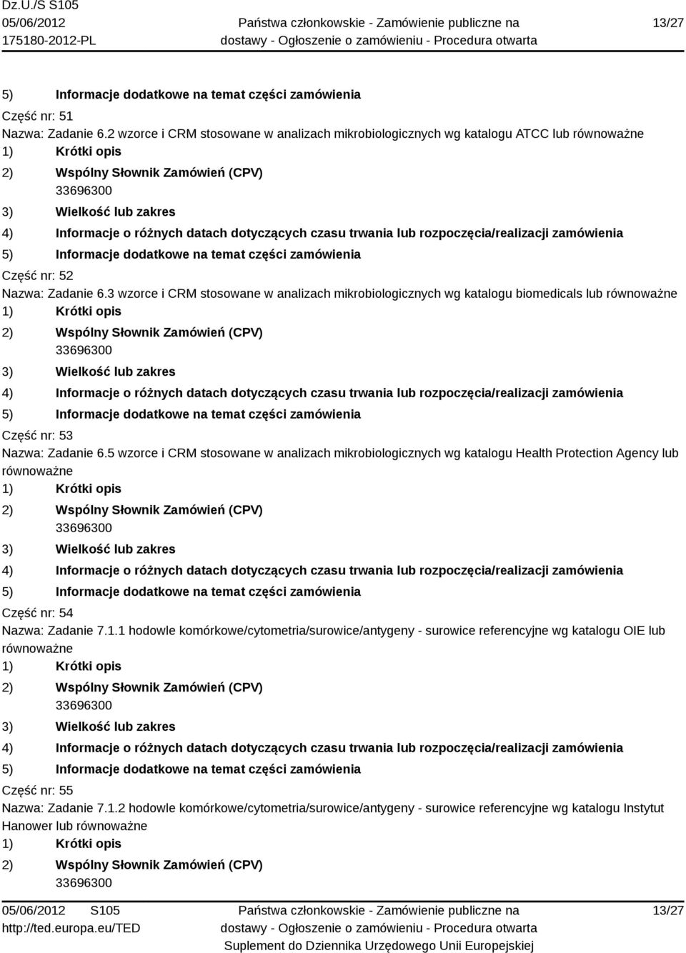 5 wzorce i CRM stosowane w analizach mikrobiologicznych wg katalogu Health Protection Agency lub Część nr: 54 Nazwa: Zadanie 7.1.