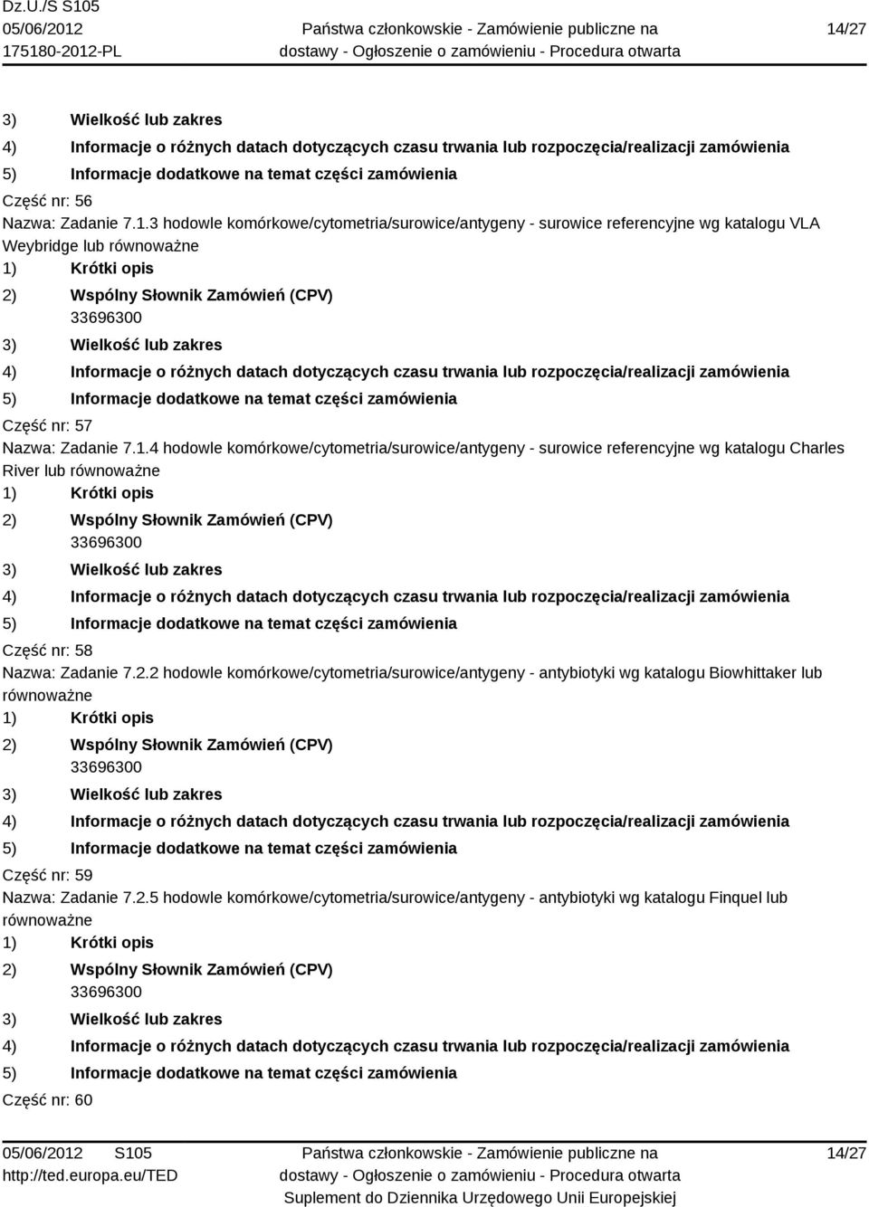 2.2 hodowle komórkowe/cytometria/surowice/antygeny - antybiotyki wg katalogu Biowhittaker lub Część nr: 59 Nazwa: Zadanie 7.2.5 hodowle komórkowe/cytometria/surowice/antygeny - antybiotyki wg katalogu Finquel lub Część nr: 60 14/27