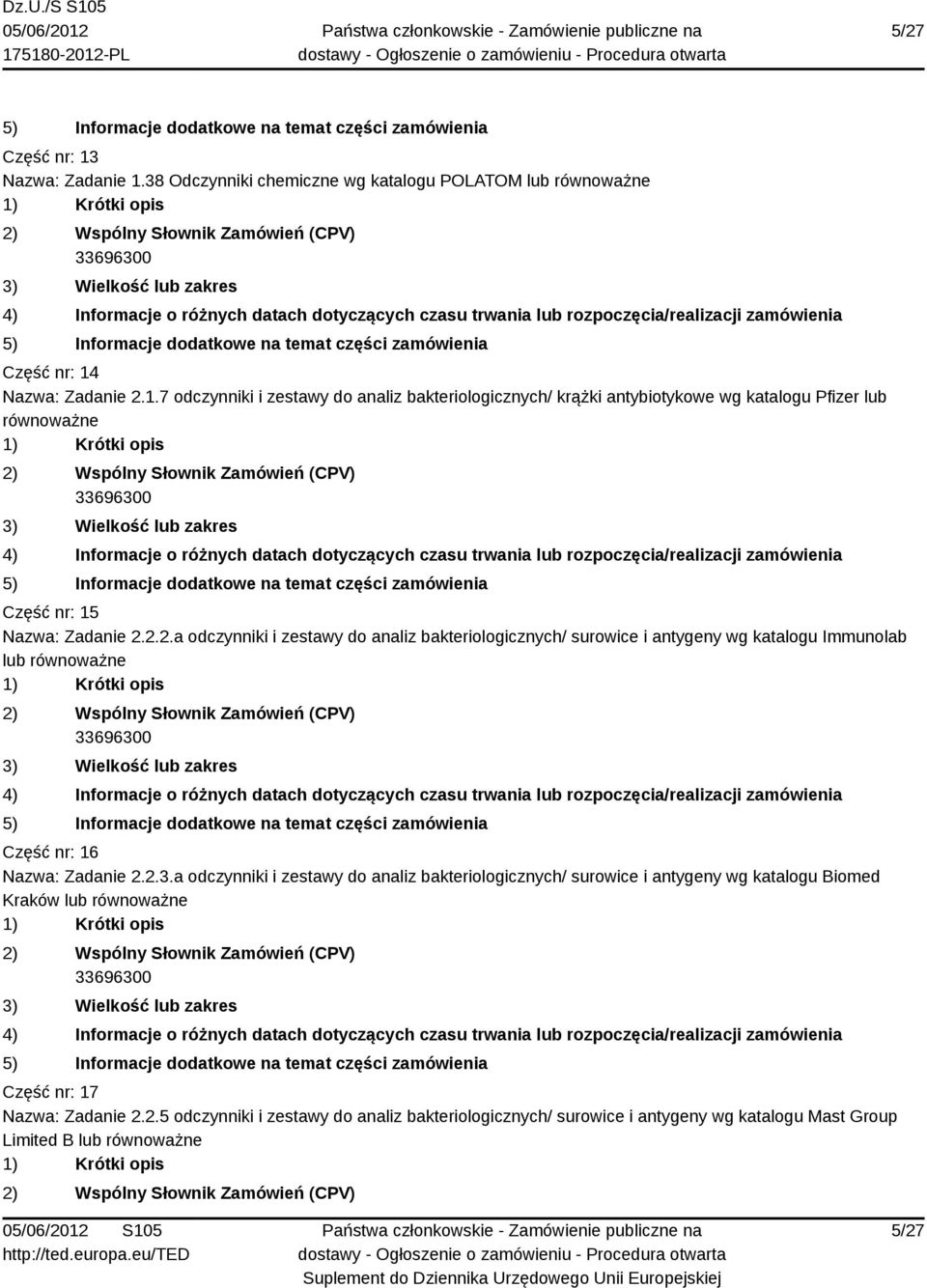 a odczynniki i zestawy do analiz bakteriologicznych/ surowice i antygeny wg katalogu Biomed Kraków lub Część nr: 17 Nazwa: Zadanie 2.