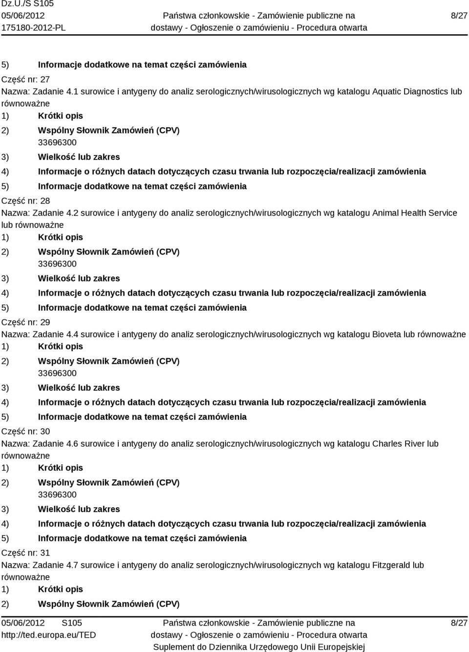 2 surowice i antygeny do analiz serologicznych/wirusologicznych wg katalogu Animal Health Service lub Część nr: 29 Nazwa: Zadanie 4.