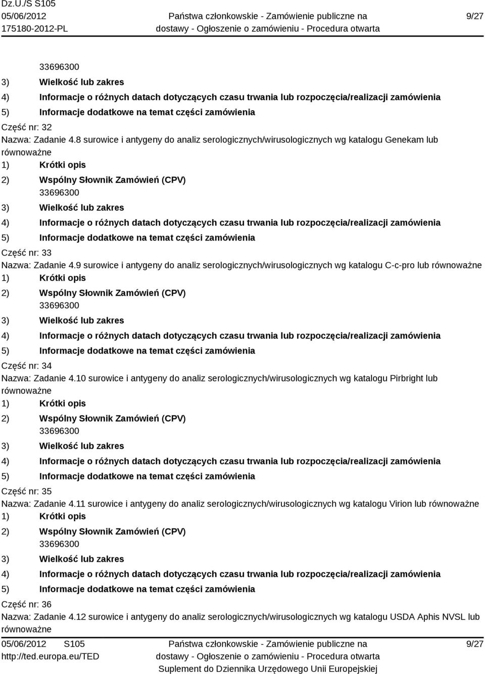 10 surowice i antygeny do analiz serologicznych/wirusologicznych wg katalogu Pirbright lub Część nr: 35 Nazwa: Zadanie 4.