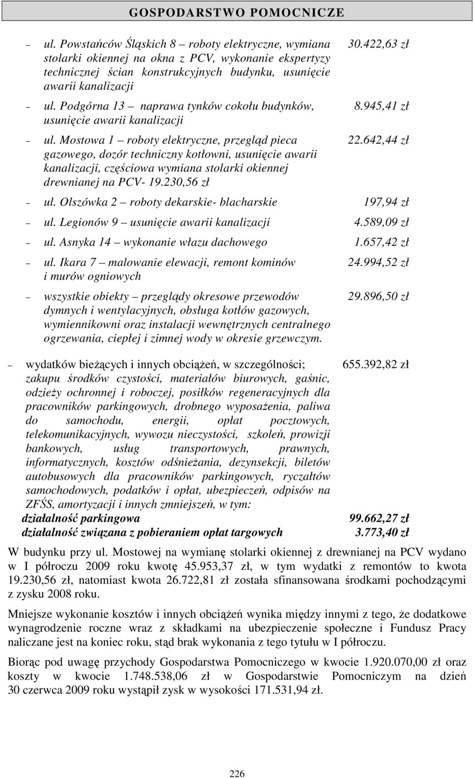 642,44 zł gazowego, dozór techniczny kotłowni, usunięcie awarii kanalizacji, częściowa wymiana stolarki okiennej drewnianej na PCV- 19.230,56 zł ul.