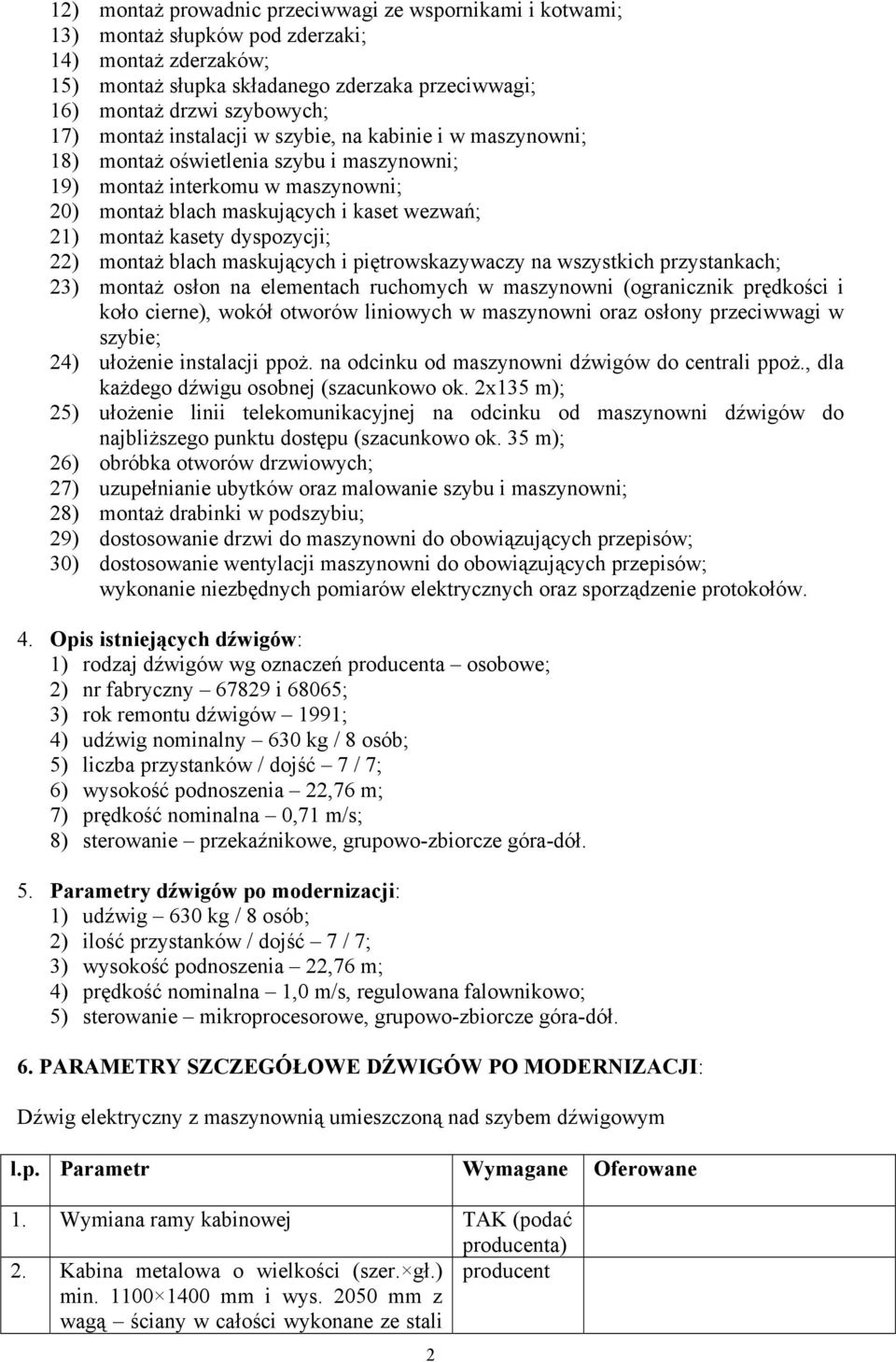 dyspozycji; 22) montaż blach maskujących i piętrowskazywaczy na wszystkich przystankach; 23) montaż osłon na elementach ruchomych w maszynowni (ogranicznik prędkości i koło cierne), wokół otworów