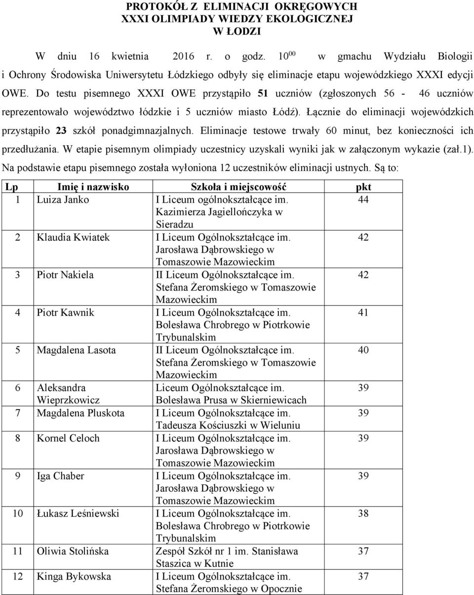 Do testu pisemnego XXX OWE przystąpiło 51 uczniów (zgłoszonych 56-46 uczniów reprezentowało województwo łódzkie i 5 uczniów miasto Łódź).