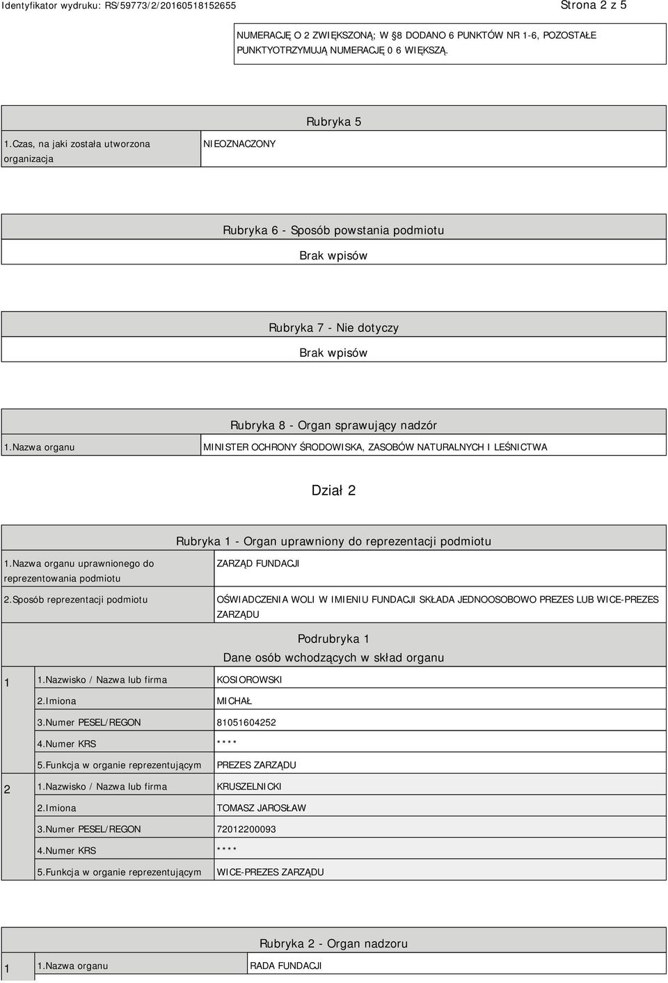 Nazwa organu MINISTER OCHRONY ŚRODOWISKA, ZASOBÓW NATURALNYCH I LEŚNICTWA Dział 2 Rubryka 1 - Organ uprawniony do reprezentacji podmiotu 1.Nazwa organu uprawnionego do reprezentowania podmiotu 2.