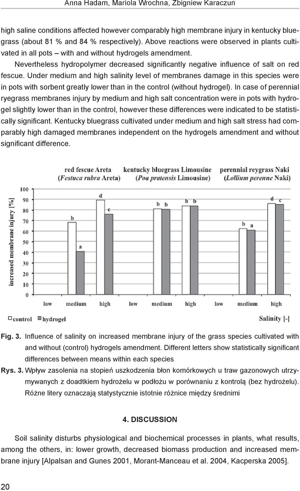 Under medium and high salinity level of membranes damage in this species were in pots with sorbent greatly lower than in the control (without hydrogel).