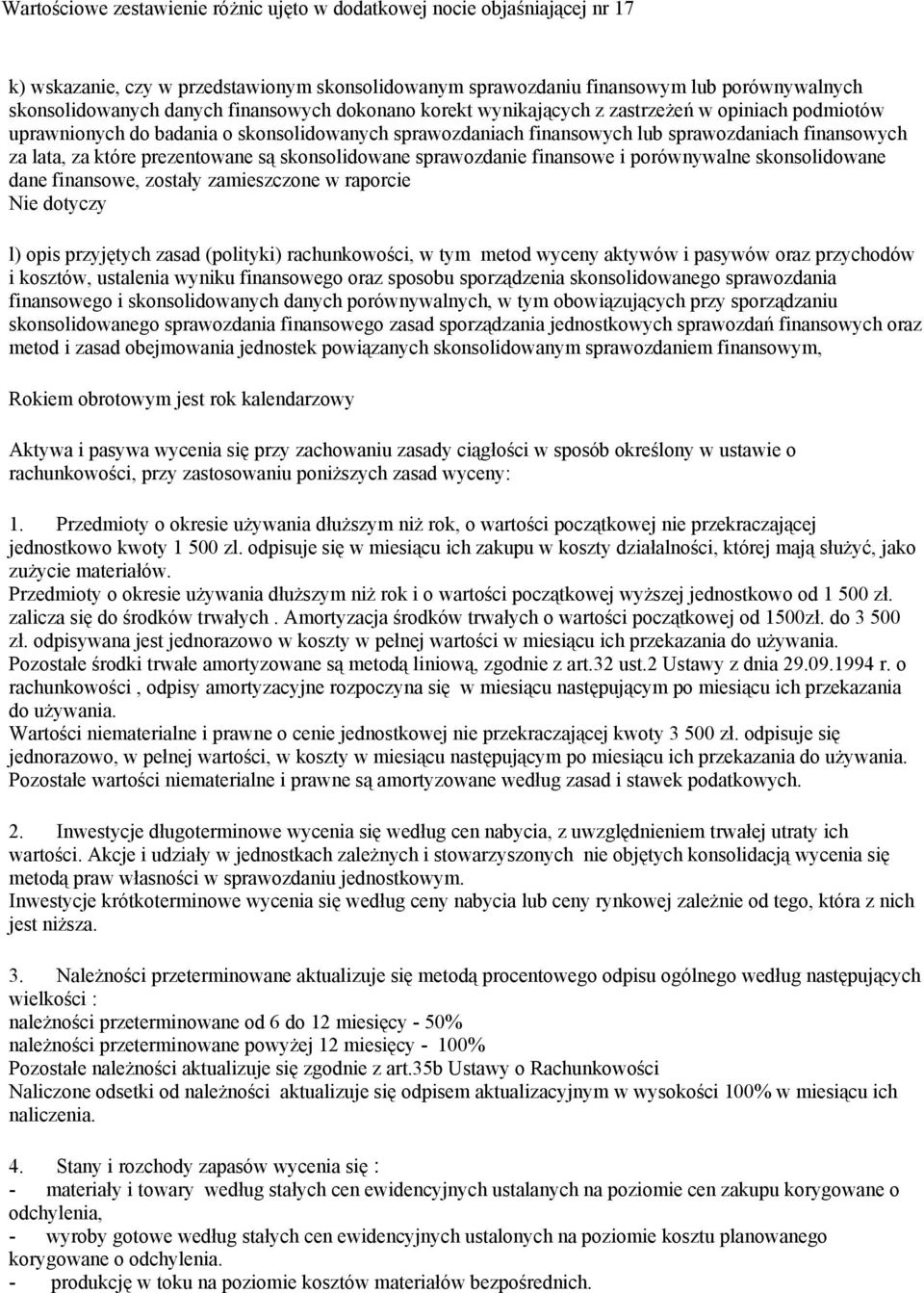 prezentowane są skonsolidowane sprawozdanie finansowe i porównywalne skonsolidowane dane finansowe, zostały zamieszczone w raporcie Nie dotyczy l) opis przyjętych zasad (polityki) rachunkowości, w