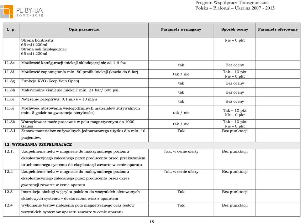 8j Możliwość stosowania wielogodzinnych materiałów zużywalnych (min. 8 godzinna gwarancja sterylności) 11.8k Wstrzykiwacz może pracować w polu magnetycznym do 1000 Gauss 11.8.l Zestaw materiałów zużywalnych jednorazowego użytku dla min.