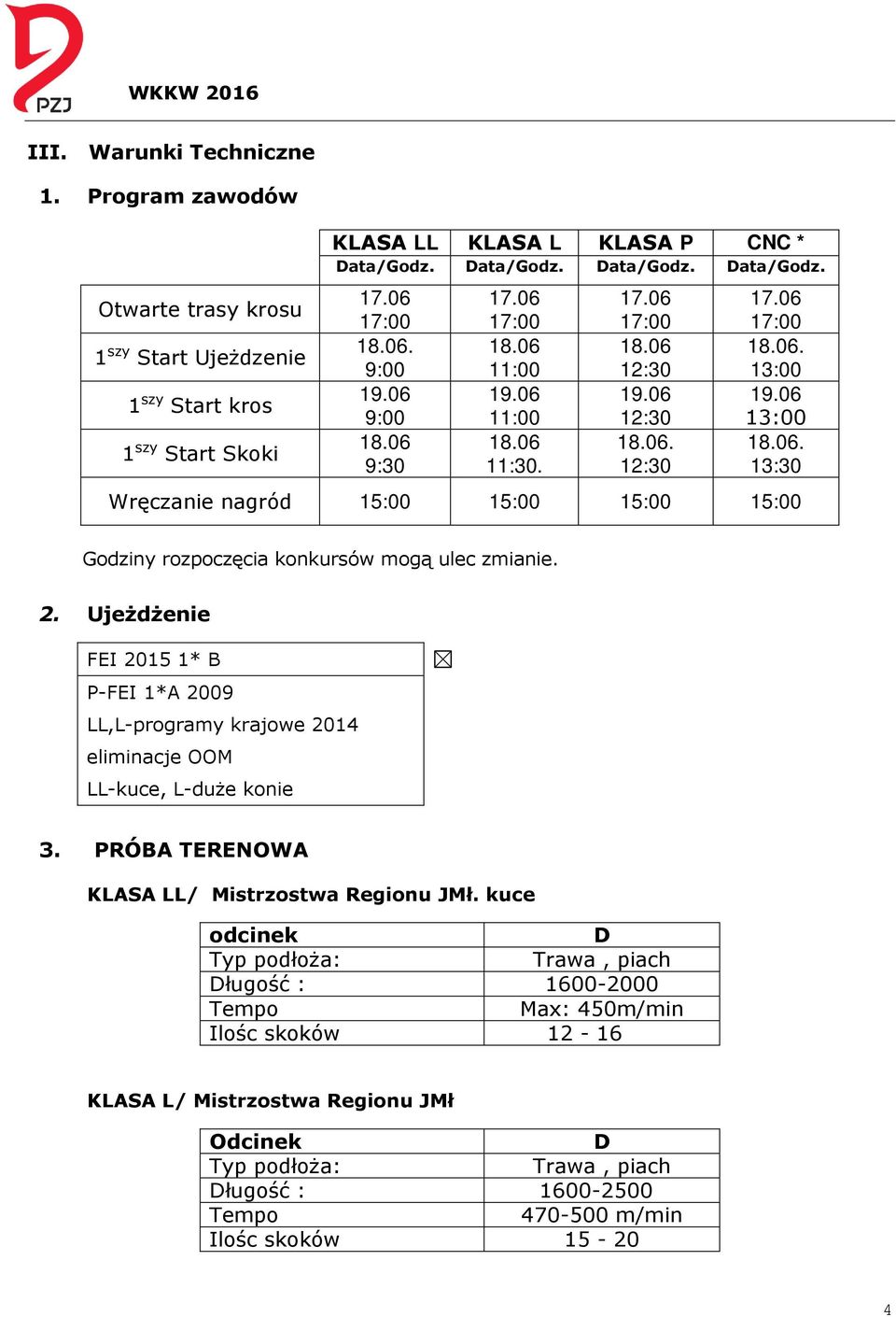 2. Ujeżdżenie FEI 2015 1* B P-FEI 1*A 2009 LL,L-programy krajowe 2014 eliminacje OOM LL-kuce, L-duże konie 3. PRÓBA TERENOWA KLASA LL/ Mistrzostwa Regionu JMł.