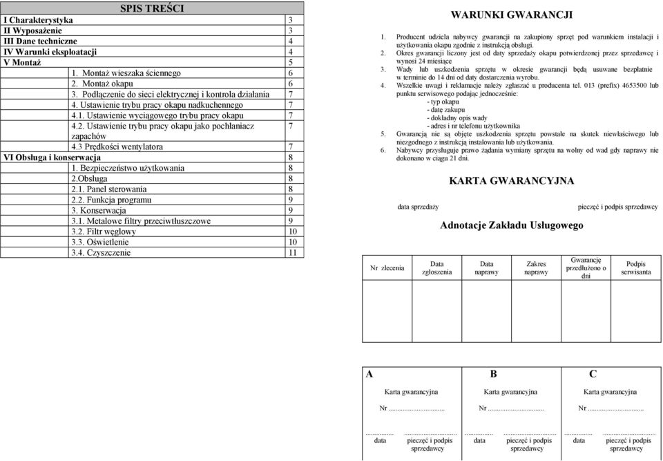 Ustawienie trybu pracy okapu jako pochłaniacz 7 zapachów 4.3 Prędkości wentylatora 7 VI Obsługa i konserwacja 8 1. Bezpieczeństwo użytkowania 8 2.Obsługa 8 2.1. Panel sterowania 8 2.2. Funkcja programu 9 3.