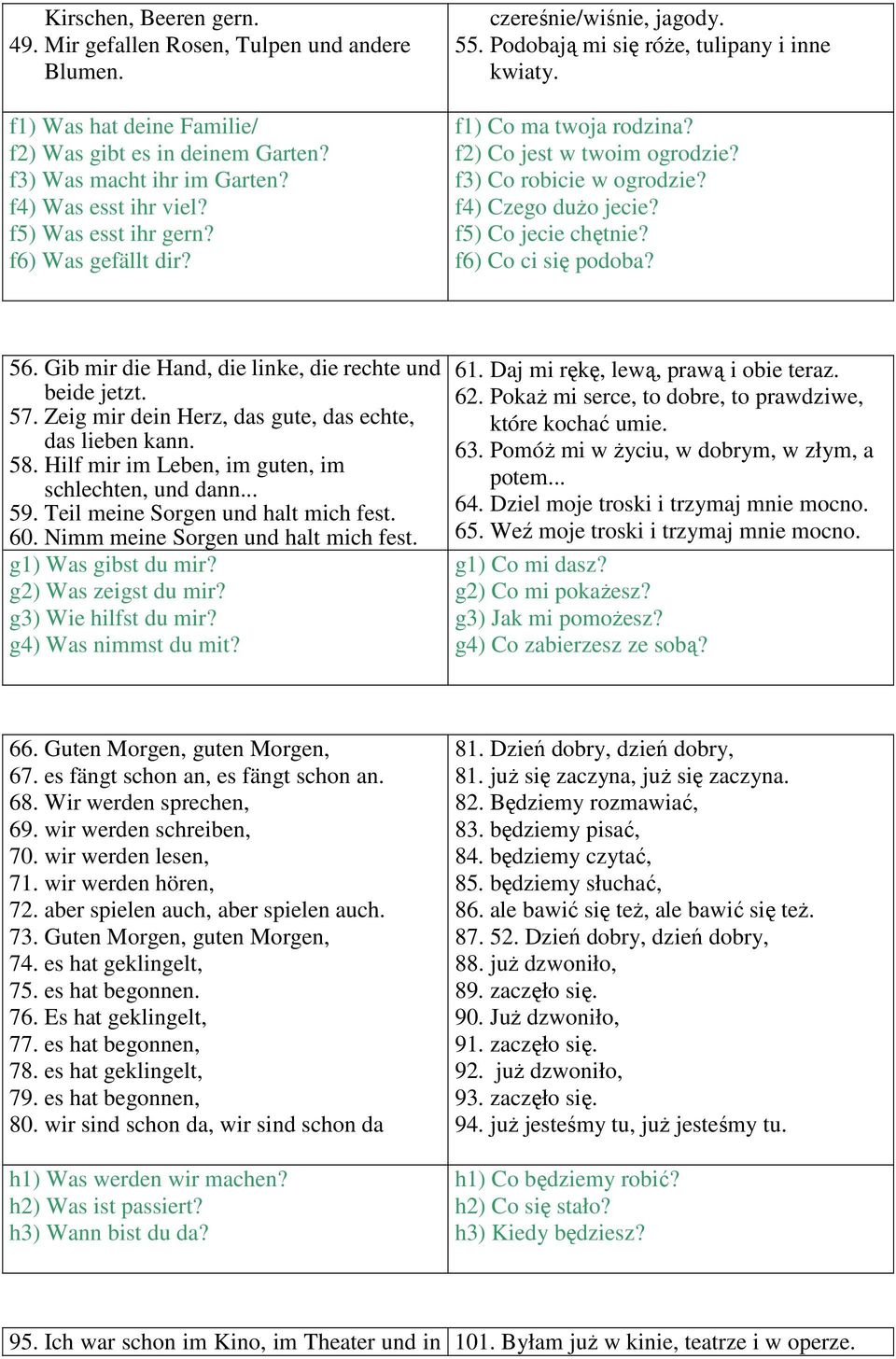 f3) Co robicie w ogrodzie? f4) Czego duŝo jecie? f5) Co jecie chętnie? f6) Co ci się podoba? 56. Gib mir die Hand, die linke, die rechte und beide jetzt. 57.