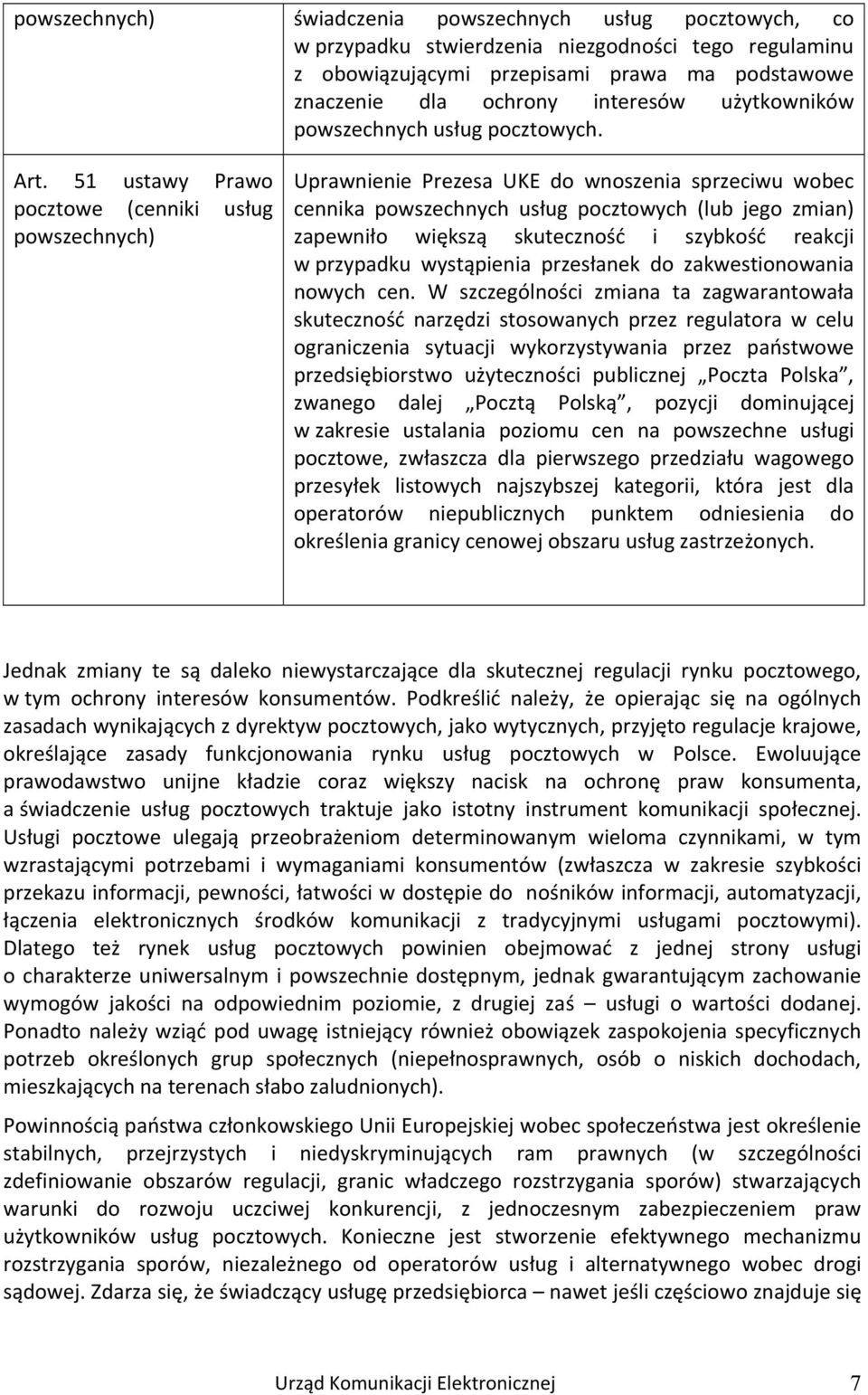 51 ustawy Prawo pocztowe (cenniki usług powszechnych) Uprawnienie Prezesa UKE do wnoszenia sprzeciwu wobec cennika powszechnych usług pocztowych (lub jego zmian) zapewniło większą skuteczność i