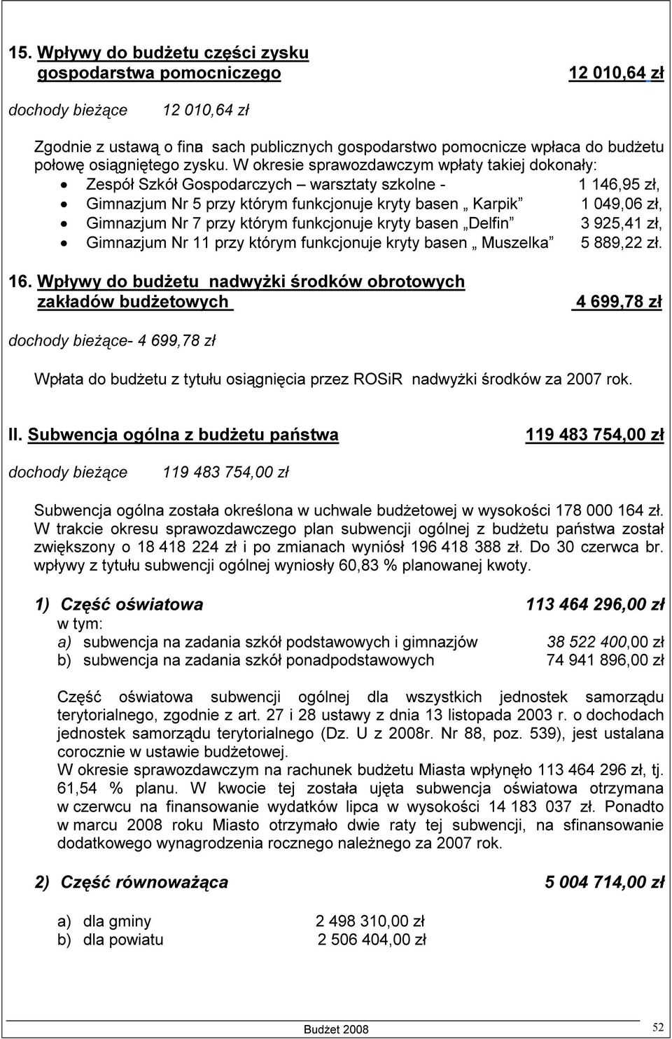 którym funkcjonuje kryty basen Delfin 3 925,41 zł, Gimnazjum Nr 11 przy którym funkcjonuje kryty basen Muszelka 5 889,22 zł. 16.