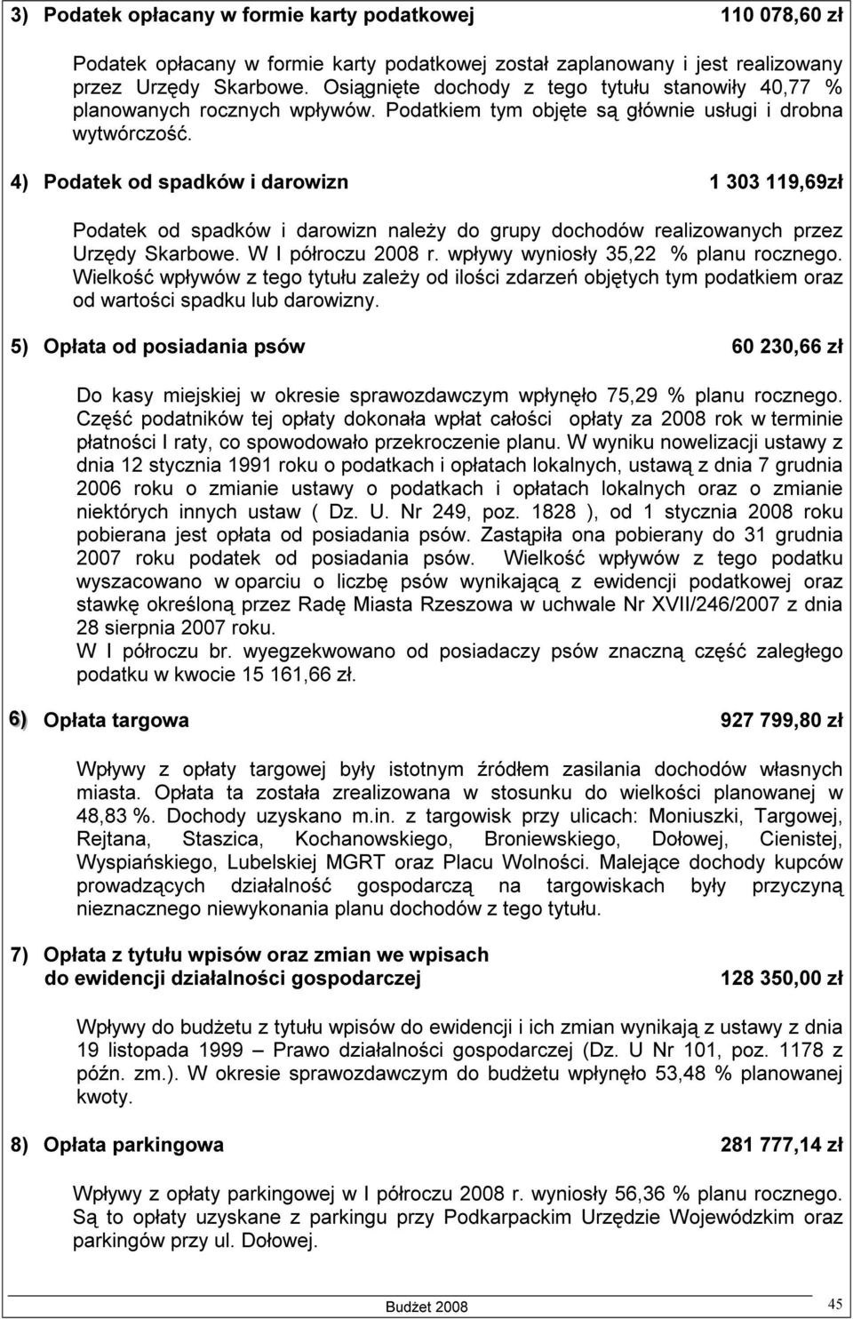 4) Podatek od spadków i darowizn 1 303 119,69zł Podatek od spadków i darowizn należy do grupy dochodów realizowanych przez Urzędy Skarbowe. W I półroczu 2008 r. wpływy wyniosły 35,22 % planu rocznego.