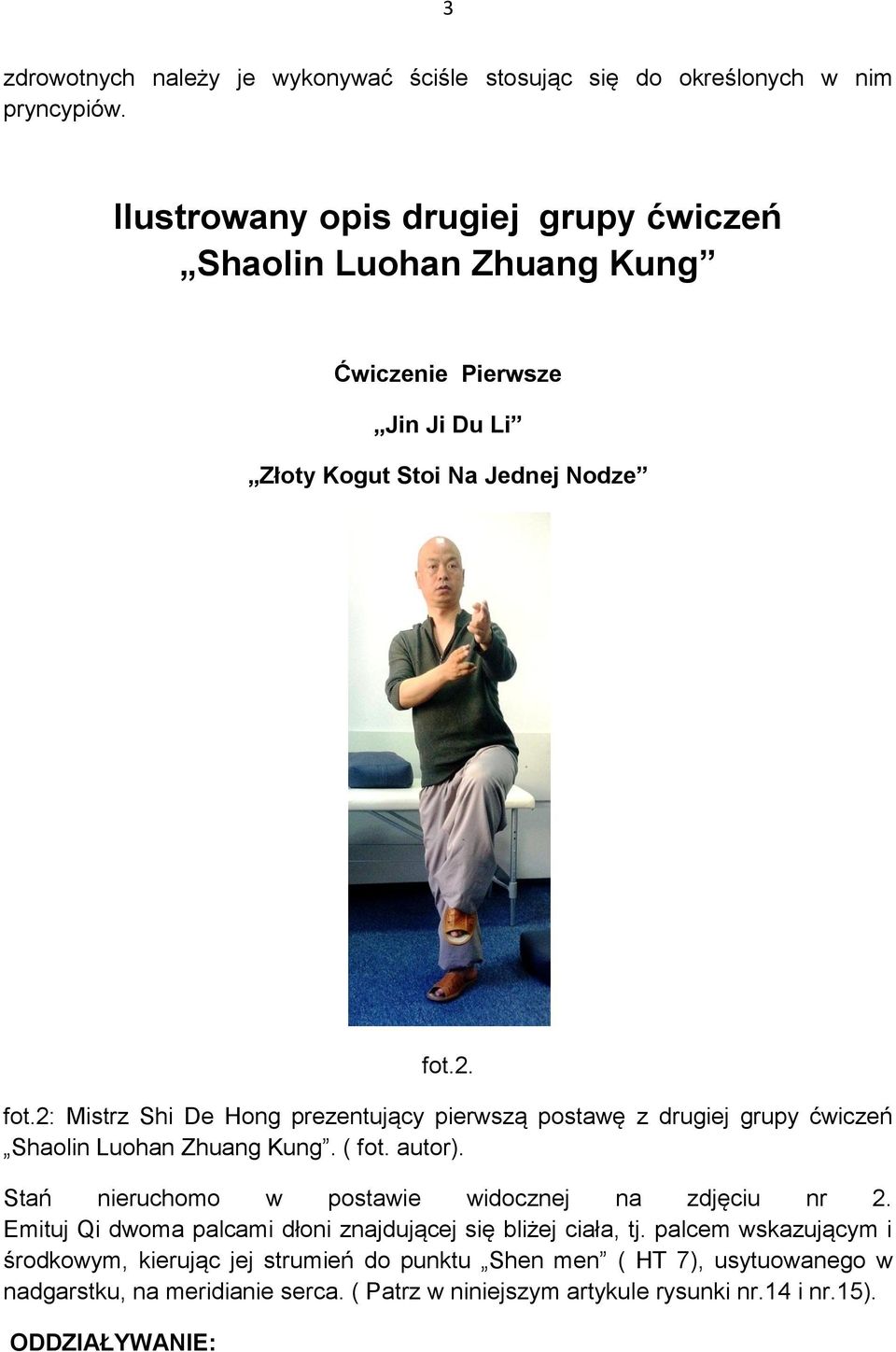 2. fot.2: Mistrz Shi De Hong prezentujący pierwszą postawę z drugiej grupy ćwiczeń Shaolin Luohan Zhuang Kung. ( fot. autor).