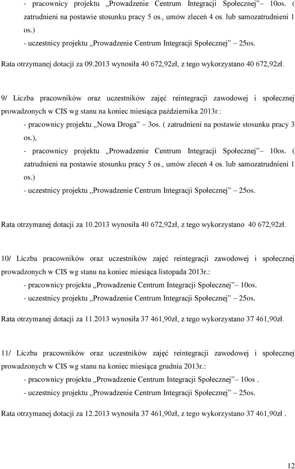 9/ Liczba pracowników oraz uczestników zajęć reintegracji zawodowej i społecznej prowadzonych w CIS wg stanu na koniec miesiąca października 2013r.: - pracownicy projektu Nowa Droga 3os.