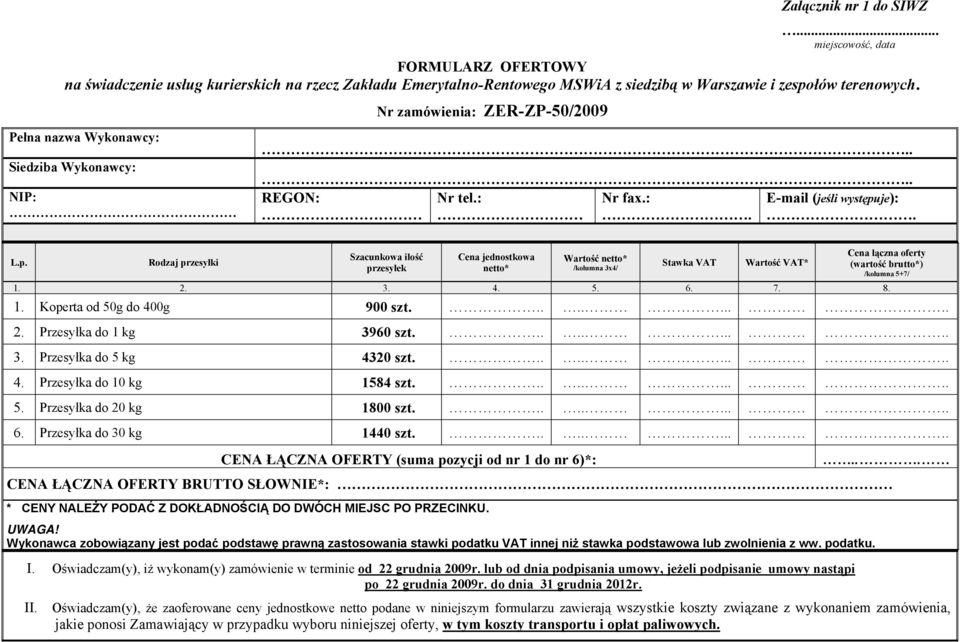 je):.. L.p. Rodzaj przesyłki Szacunkowa ilość przesyłek Cena jednostkowa netto* Wartość netto* /kolumna 3x4/ Stawka VAT Wartość VAT* 1. 2. 3. 4. 5. 6. 7. 8.