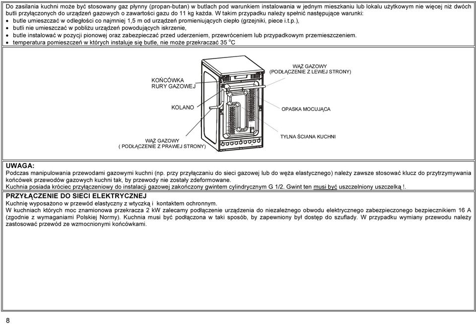 t.p.), butli nie umieszczać w pobliżu urządzeń powodujących iskrzenie, butle instalować w pozycji pionowej oraz zabezpieczać przed uderzeniem, przewróceniem lub przypadkowym przemieszczeniem.