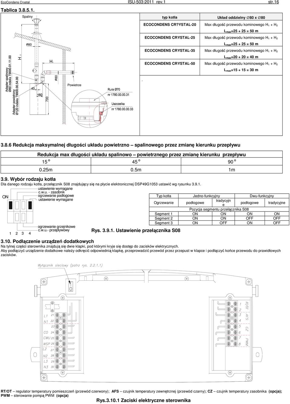 max=20 + 20 = 40 m -50 Max długość przewodu kominowego H 1 + H 2 L max=15 + 15 = 30 m 40 80 Powietrze. 700 3.8.6 Redukcja maksymalnej długości układu powietrzno spalinowego przez zmianę kierunku przepływu 3.