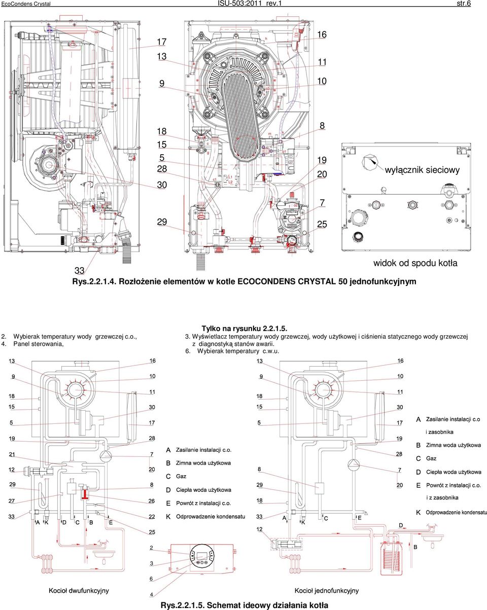 Rozłożenie elementów w kotle 50 jednofunkcyjnym 2. Wybierak temperatury wody grzewczej c.o., 4. Panel sterowania, Tylko na rysunku 2.