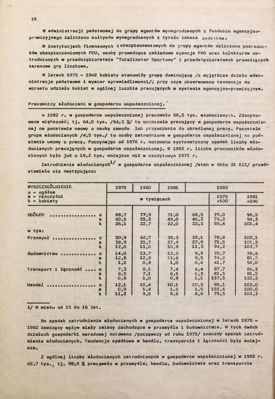 gry lczbowe, W latach 1975-1982 kobety stanowły grupę domnującą /z wyjątkem dzału admnstracja państwowa 1 wymar sprawedlwośc/; przy czym obserwowano tendencje do wzrostu udzału kobet w ogólnej lczbe