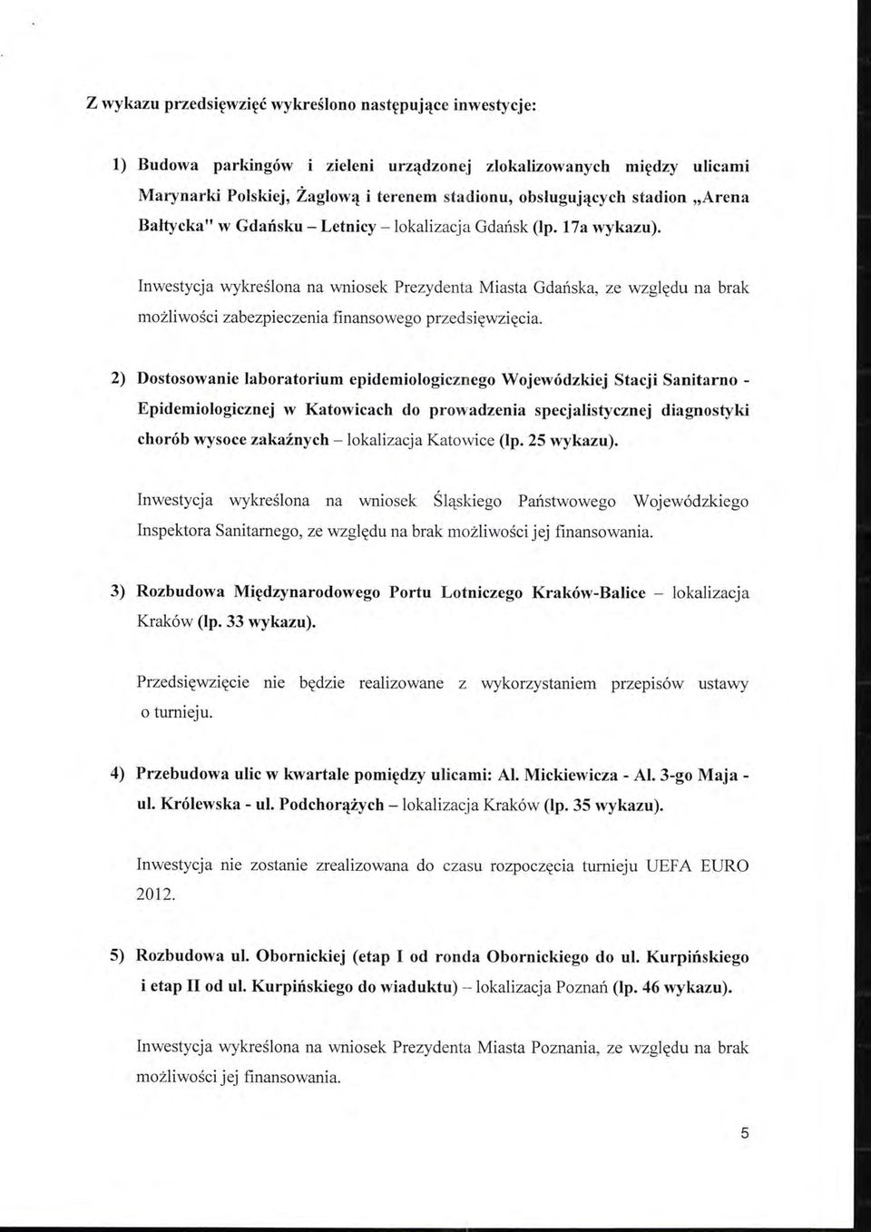 Inwestycja wykreś lona na wniosek Prezydenta Miasta Gdańska, ze względu na brak możliwości zabezpieczenia finansowego prze d s ięwzięcia.