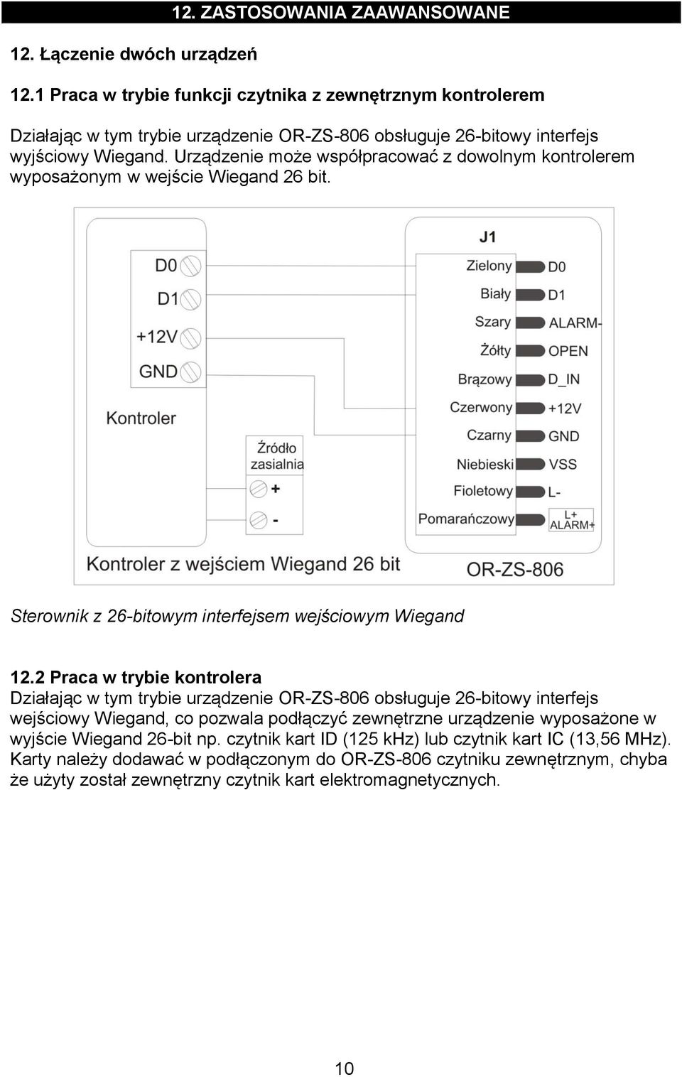 Urządzenie może współpracować z dowolnym kontrolerem wyposażonym w wejście Wiegand 26 bit. Sterownik z 26-bitowym interfejsem wejściowym Wiegand 12.