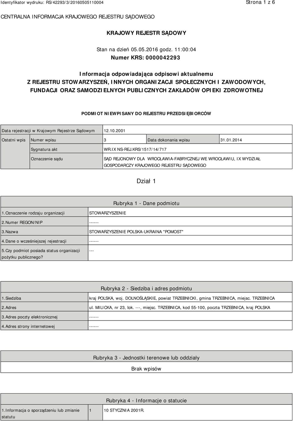 OPIEKI ZDROWOTNEJ PODMIOT NIEWPISANY DO REJESTRU PRZEDSIĘBIORCÓW Data rejestracji w Krajowym Rejestrze Sądowym 12.10.2001 Ostatni wpis Numer wpisu 3 Data dokonania wpisu 31.01.2014 Sygnatura akt Oznaczenie sądu WR.