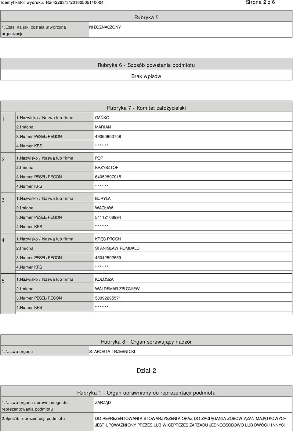 Nazwisko / Nazwa lub firma KRĘCIPROCH STANISŁAW ROMUALD 3.Numer PESEL/REGON 45042502659 ** 5 1.Nazwisko / Nazwa lub firma KOŁOSZA WALDEMAR ZBIGNIEW 3.