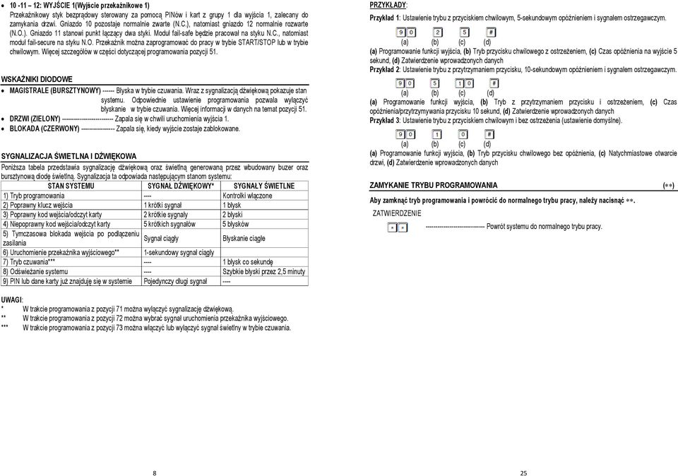 O. Przekaźnik można zaprogramować do pracy w trybie START/STOP lub w trybie chwilowym. Więcej szczegółów w części dotyczącej programowania pozycji 51.