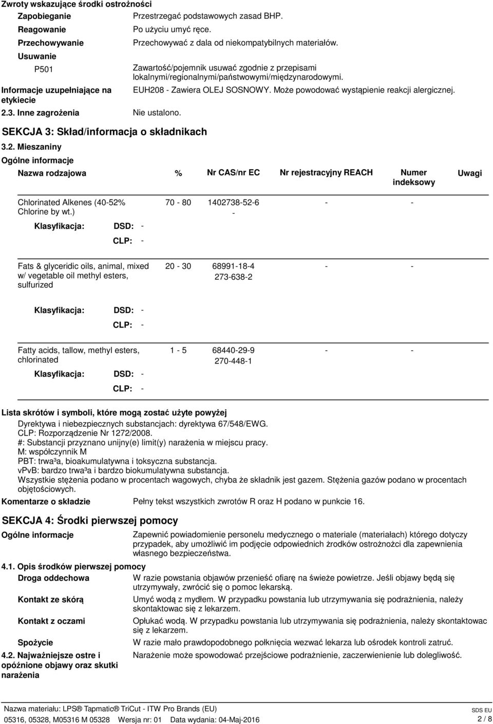 EUH208 Zawiera OLEJ SOSNOWY. Może powodować wystąpienie reakcji alergicznej. Nie ustalono. SEKCJA 3: Skład/informacja o składnikach 3.2. Mieszaniny Ogólne informacje Nazwa rodzajowa % Nr CAS/nr EC Nr rejestracyjny REACH Numer indeksowy Uwagi Chlorinated Alkenes (4052% Chlorine by wt.