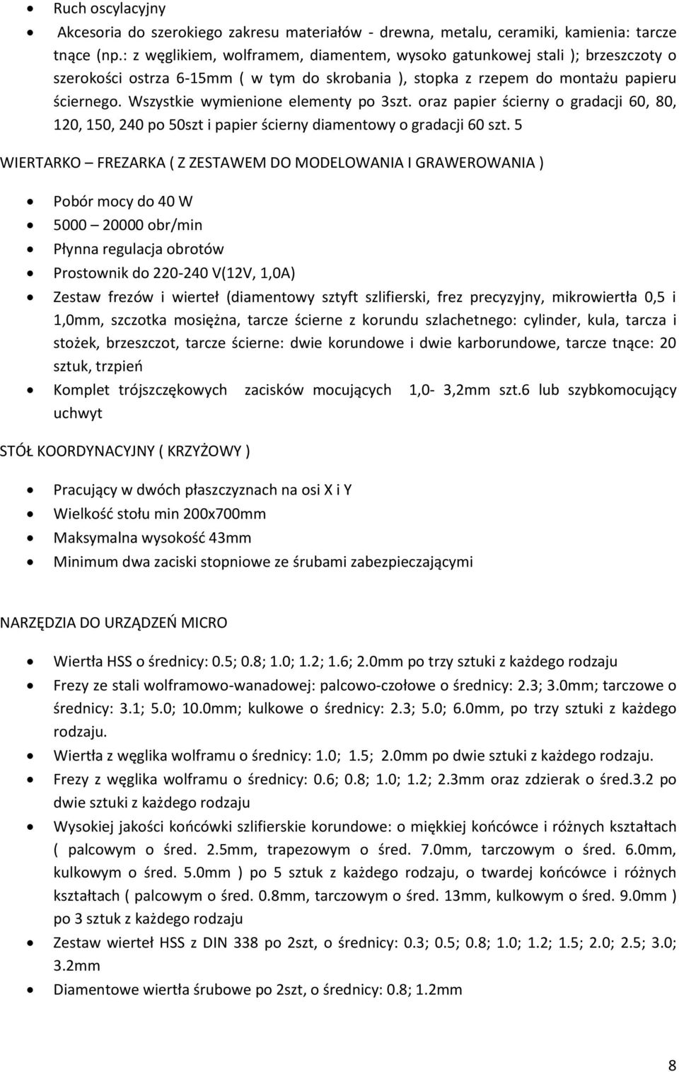 Wszystkie wymienione elementy po 3szt. oraz papier ścierny o gradacji 60, 80, 120, 150, 240 po 50szt i papier ścierny diamentowy o gradacji 60 szt.