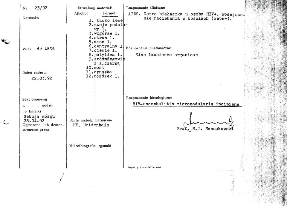 Podejrzenie naciekania w kościach (żeber). 1. Czoło lewe 2.zwoje podstawy Sine laesiones organicae Sekcjonowany w godzin po śmierci Sekcja mózgu 28.04.