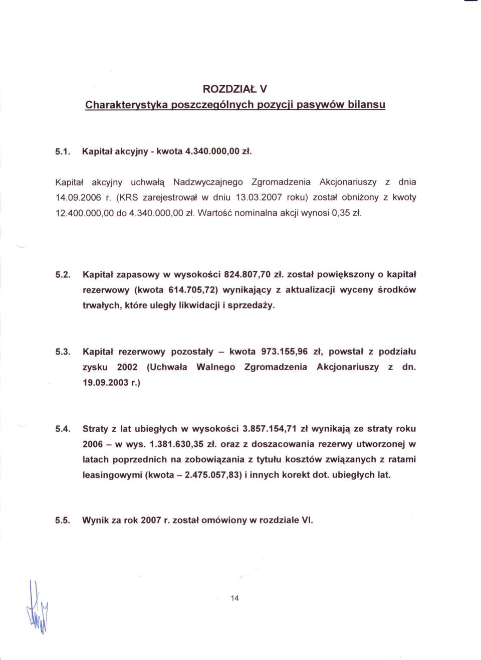 zostal powiekszony o kapital rezerwowy (kwota 614.705,72) wynikajacy z aktualizacji wyceny srodków trwalych, które ulegly likwidacji i sprzedazy. 5.3. Kapital rezerwowy pozostaly - kwota 973.