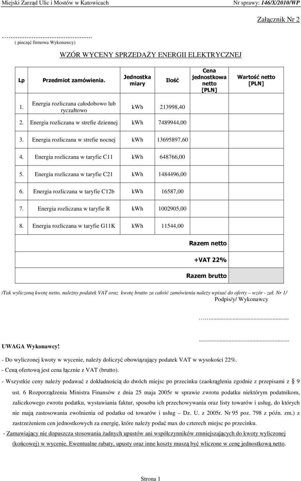 Energia rozliczana w taryfie C11 kwh 648766,00 5. Energia rozliczana w taryfie C21 kwh 1484496,00 6. Energia rozliczana w taryfie C12b kwh 16587,00 7. Energia rozliczana w taryfie R kwh 1002905,00 8.