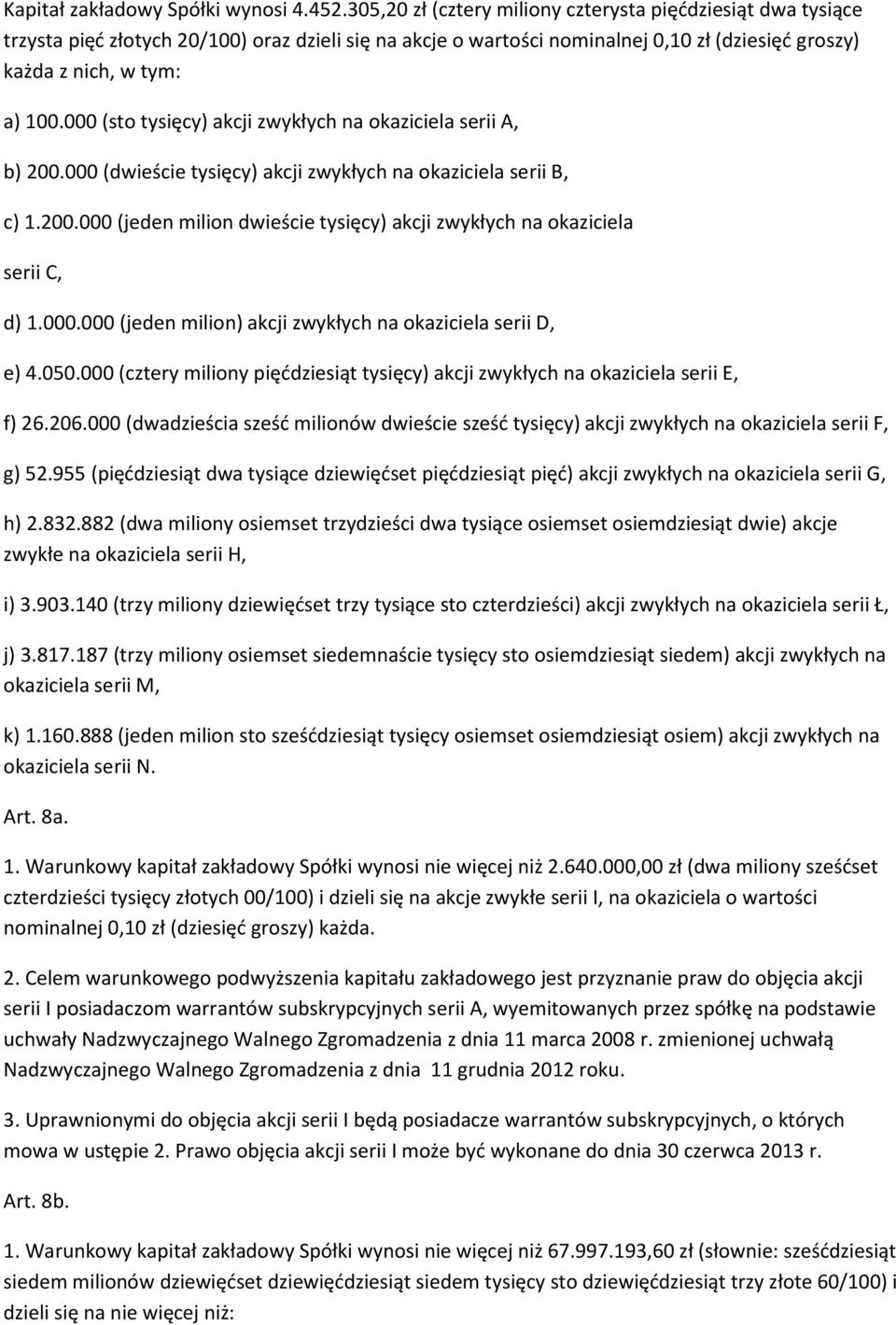 000 (sto tysięcy) akcji zwykłych na okaziciela serii A, b) 200.000 (dwieście tysięcy) akcji zwykłych na okaziciela serii B, c) 1.200.000 (jeden milion dwieście tysięcy) akcji zwykłych na okaziciela serii C, d) 1.