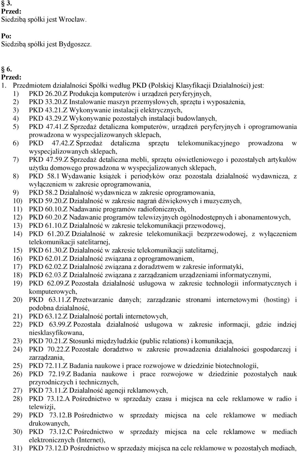 Z Wykonywanie pozostałych instalacji budowlanych, 5) PKD 47.41.Z Sprzedaż detaliczna komputerów, urządzeń peryferyjnych i oprogramowania prowadzona w wyspecjalizowanych sklepach, 6) PKD 47.42.