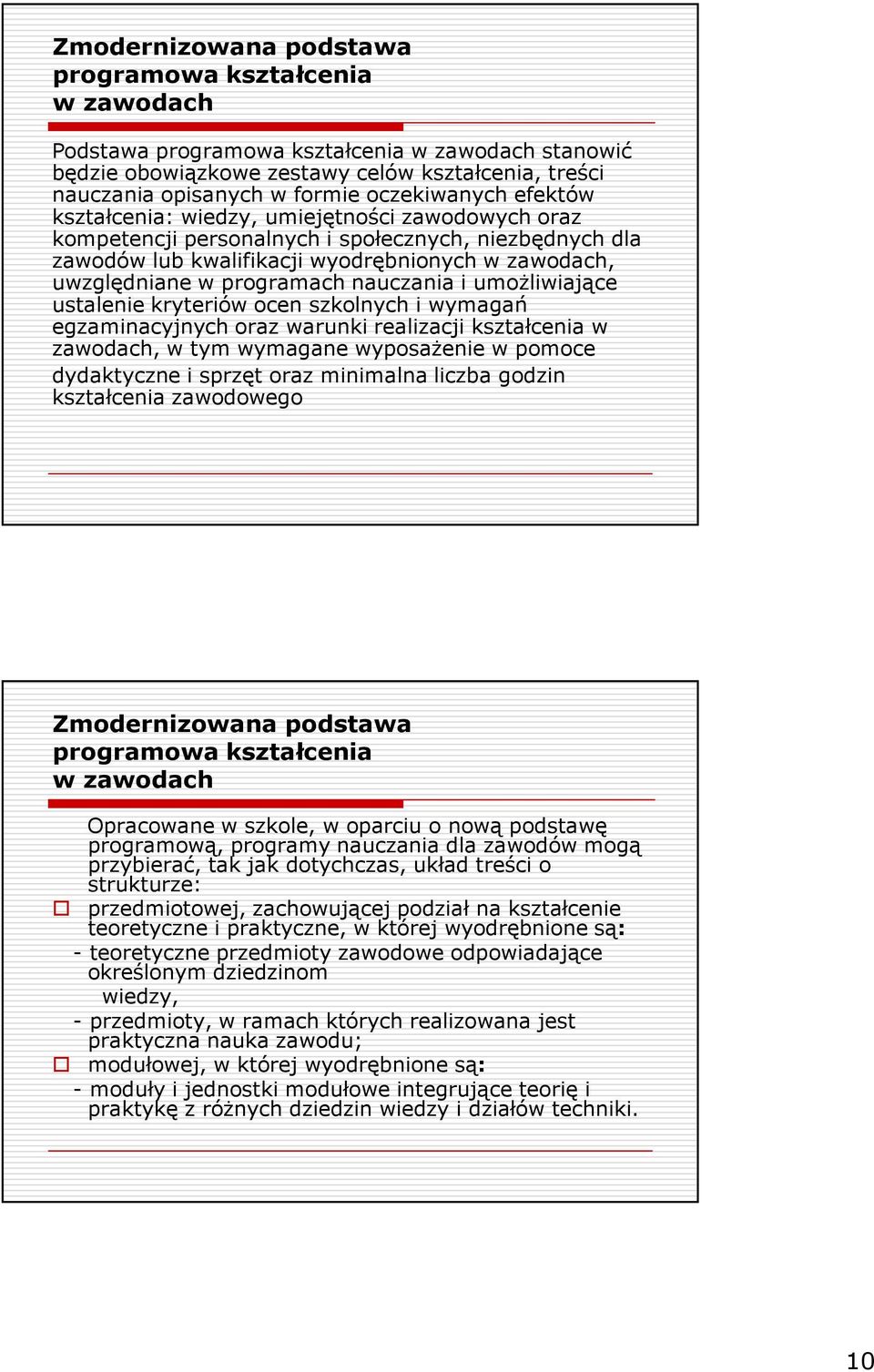 programach nauczania i umoŝliwiające ustalenie kryteriów ocen szkolnych i wymagań egzaminacyjnych oraz warunki realizacji kształcenia w zawodach, w tym wymagane wyposaŝenie w pomoce dydaktyczne i