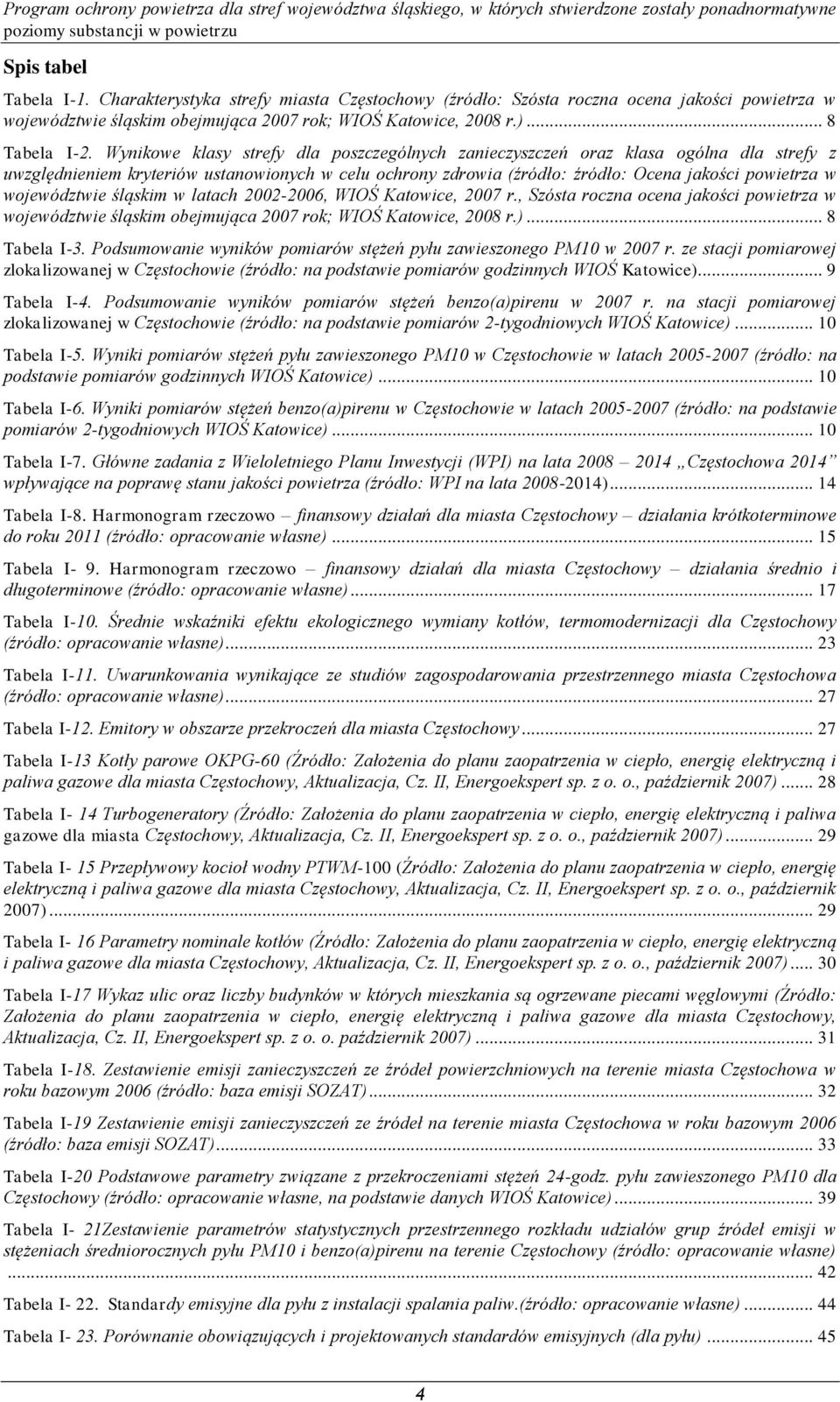 województwie śląskim w latach 2002-2006, WIOŚ Katowice, 2007 r., Szósta roczna ocena jakości powietrza w województwie śląskim obejmująca 2007 rok; WIOŚ Katowice, 2008 r.)... 8 Tabela I-3.