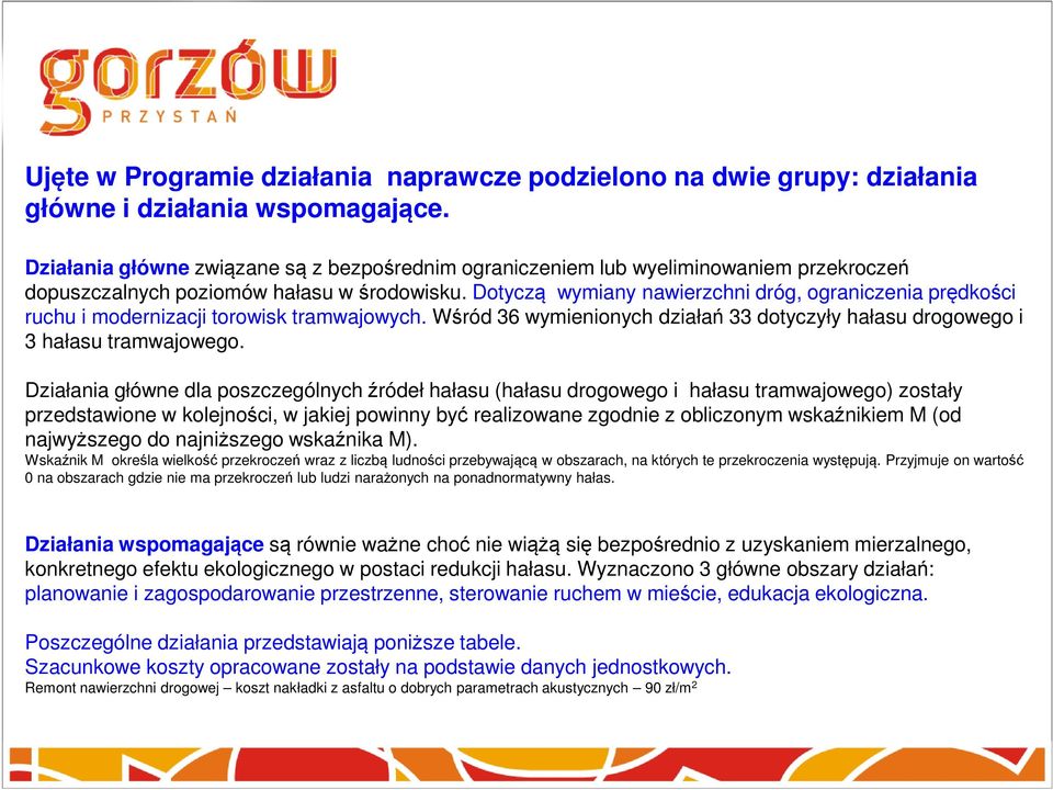 Dotyczą wymiany nawierzchni dróg, ograniczenia prędkości ruchu i modernizacji torowisk tramwajowych. Wśród 36 wymienionych działań 33 dotyczyły hałasu drogowego i 3 hałasu tramwajowego.